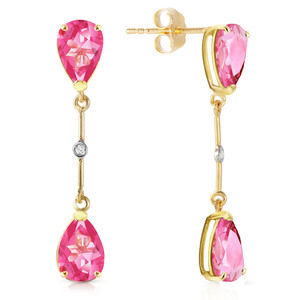 14K. GOLD DIAMONDS & PINK TOPAZ DANGLING EARRING (Yellow Gold)